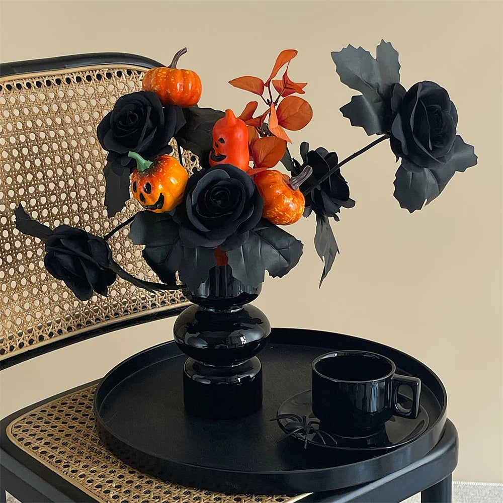 Halloween Black Artificial Rose Flowers Dark Horror Gothic Black Simulated Flower Bouquet for Home Wedding Party Halloween Decor