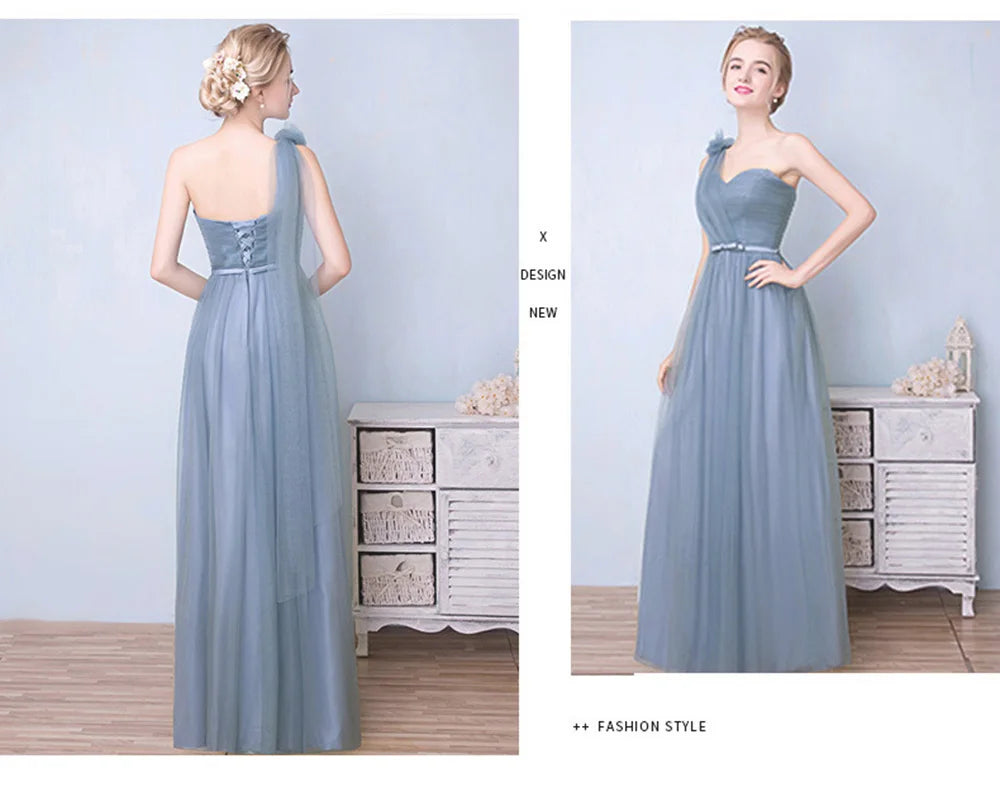 Élégante Robe de Demoiselle d'honneur Gris Bleu Simple 4 styles sans Manches Femme Classique Tulle Ceinture Satin Lacets Nœud Robe de Bal Ligne A