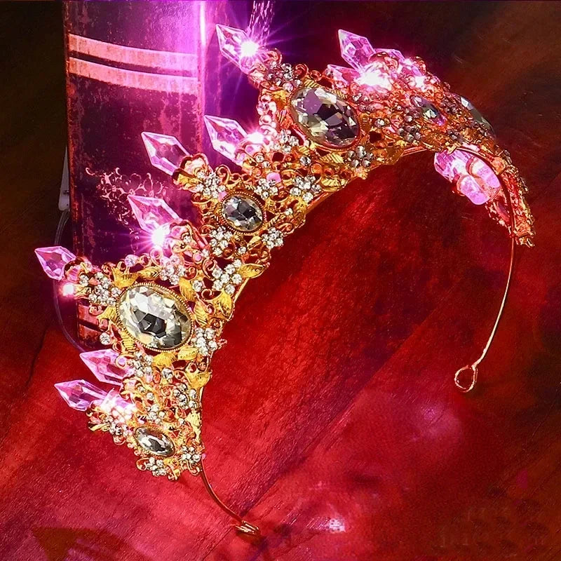 Accessoires de Cheveux de Mariée Lumineux Alliage Cristal Fête LED Lumineux Couronne Strass Diadème Fleur Reine Mariage Festival