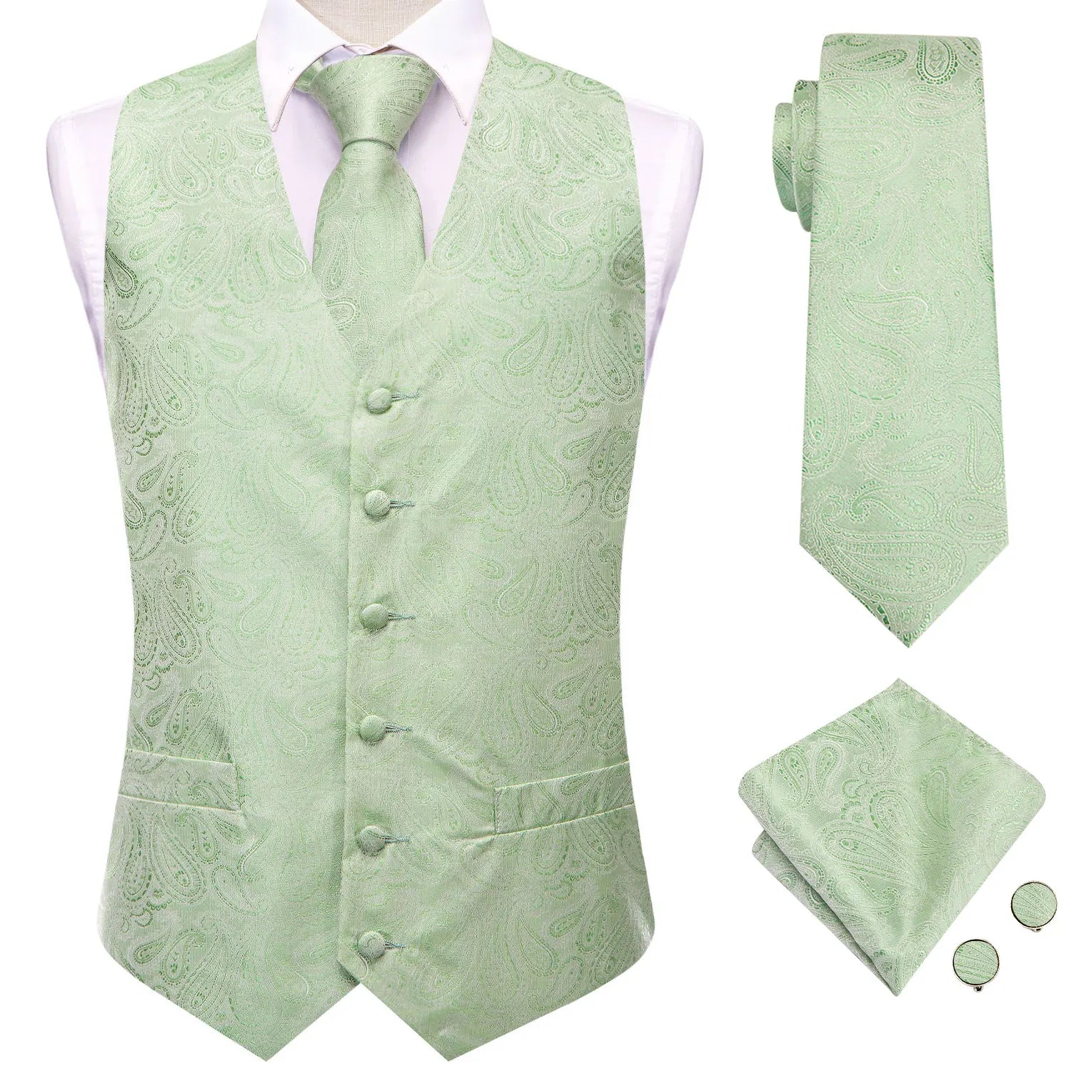 Gilets de costume en soie Hi-Tie pour homme, 4 pièces, tissés, vert sauge uni, gilet, cravate, pochette, boutons de manchette, pour affaires, mariage, robe, veste de taille