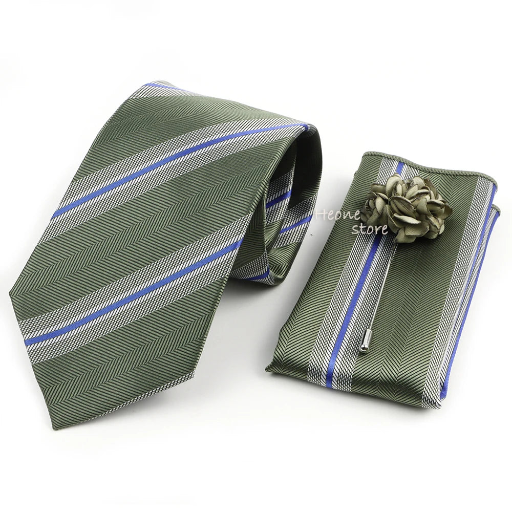 Men's Striped Necktie, Pocket Square & Brooch Set | Groom & Groomsmen Wedding Accessory