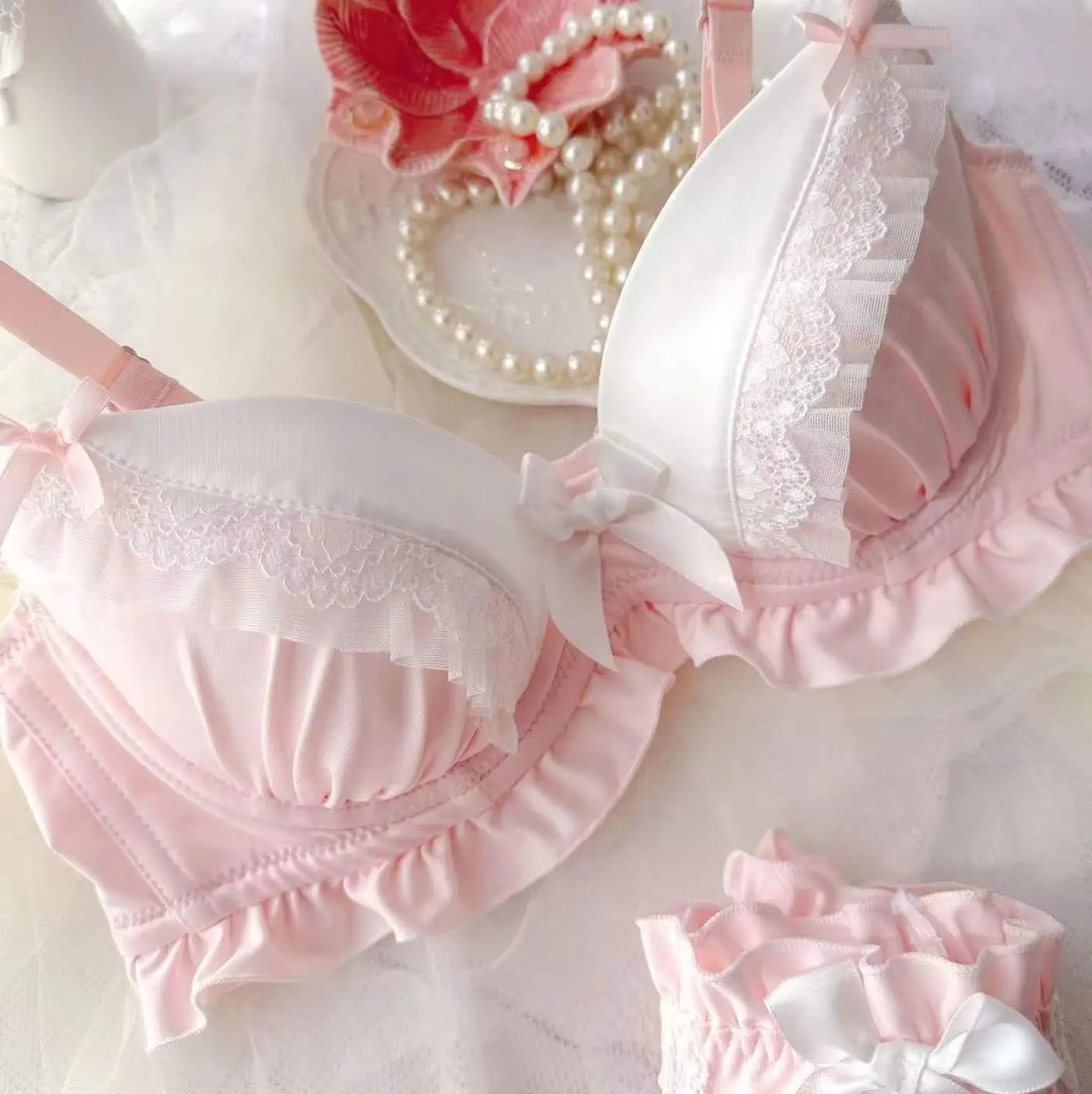 2023 New Arrival 100% Real Photo Lolita Fashion Kawaii Cute college girl Push Up Ruffle Bra Panties Set Underwear Brief Lingerie