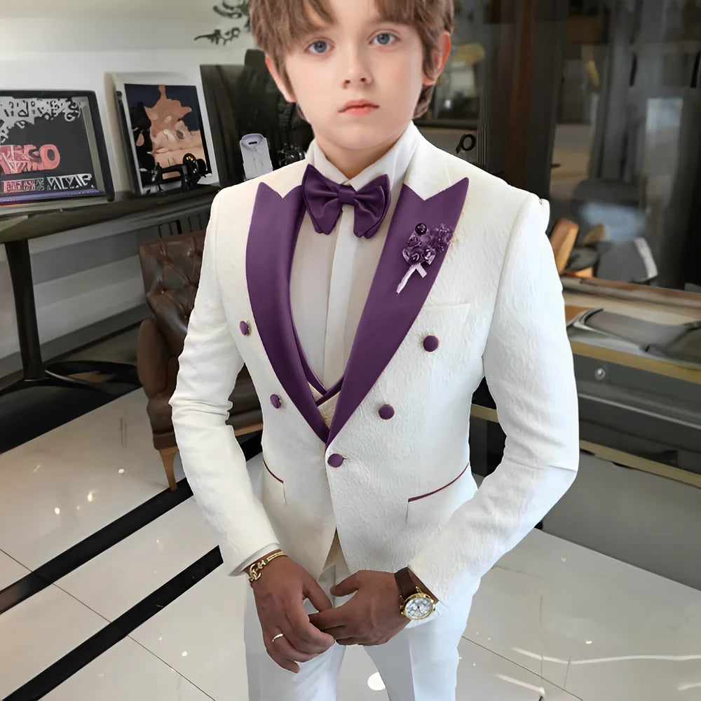 Costume jacquard blanc pour garçons, costume trois pièces pour mariage, smoking enfant 2025, nouveau design, veste, pantalon, gilet, robe sur mesure