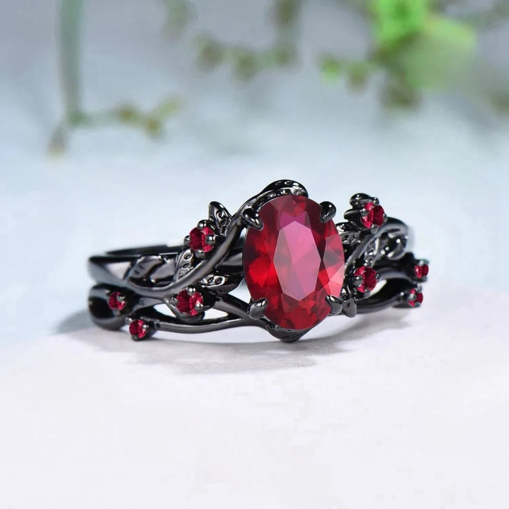 Bague gothique rétro en forme de fleur de rose noire avec branches croisées et cristal rouge, pour femme et homme, bijou de couple, cadeau