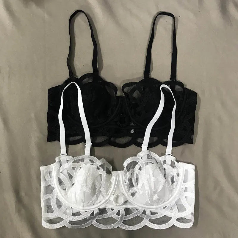 CINOON Lingerie sexy brodée pour femme Ensemble soutien-gorge push-up en dentelle fine et transparente + porte-jarretelles + string, ensemble de 3 pièces de lingerie française