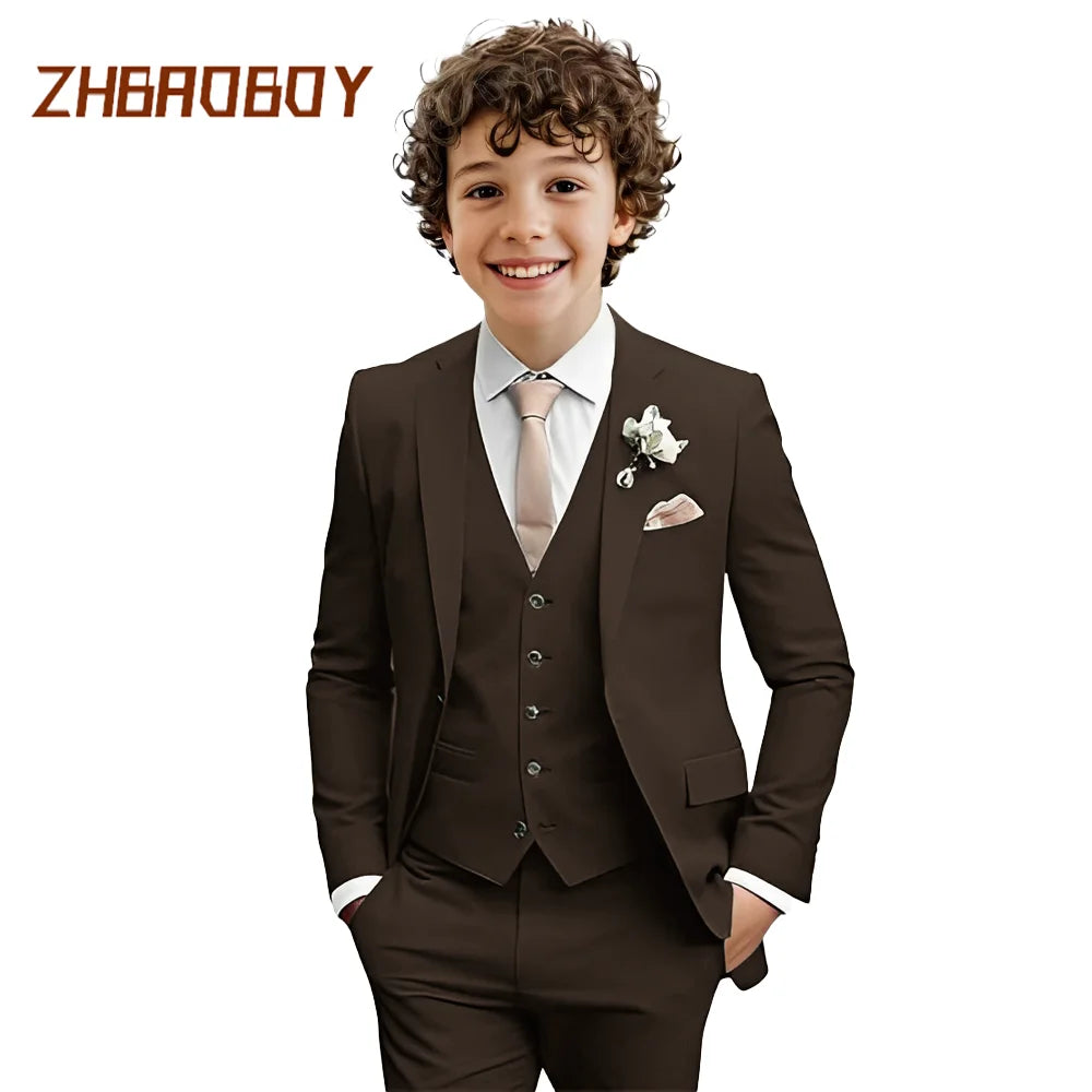 Costume Garçon 3 Pièces Coupe Slim Smoking Enfant Tenue de Mariage Formelle Ensemble Blazer Gilet Pantalon