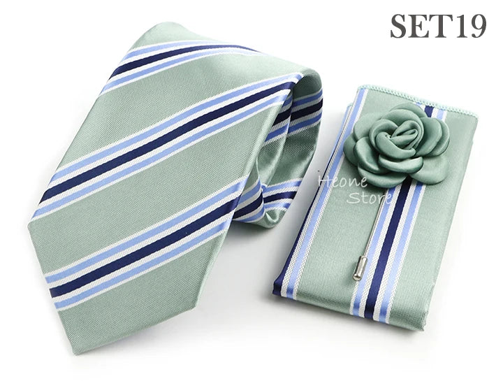 Men's Striped Necktie, Pocket Square & Brooch Set | Groom & Groomsmen Wedding Accessory