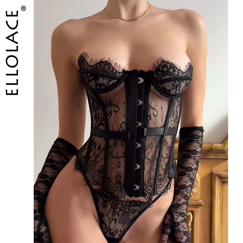 Ensembles de Lingerie Ellolace Palace Femme Corset Souple String Ensemble 2 Pièces Sexy Chaud Sans Bretelles Dentelle Fantaisie Décolleté Plongeant Sous-Vêtements Femme
