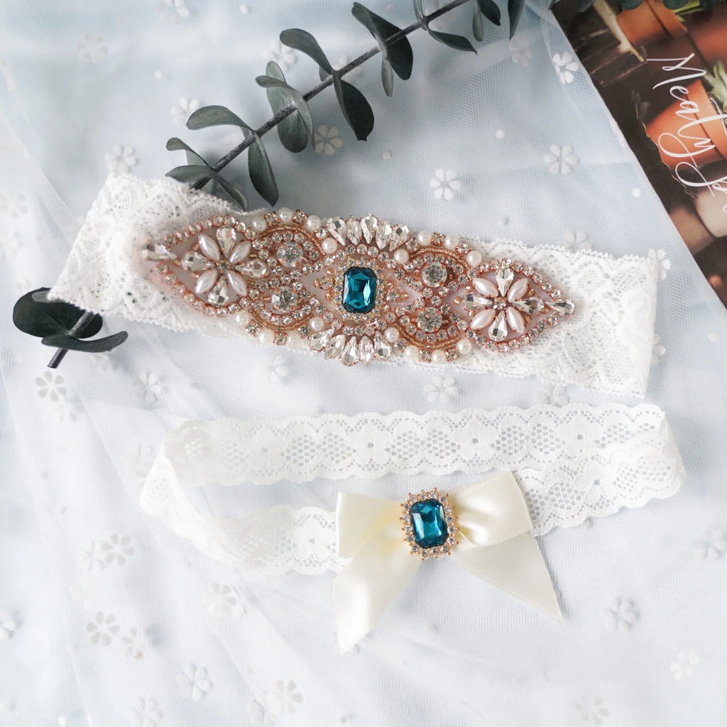 Jarretière de mariage Shinny Crystals Pearls Ceinture de jarretelles de mariée Accessoires de fête cosplay Dentelle élastique Anneau de jambe Jarretière de mariée