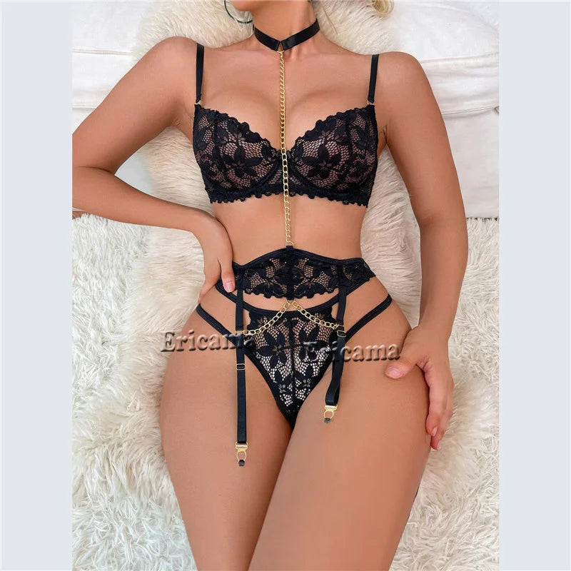 Ensemble de lingerie jarretière en dentelle florale avec tour de cou, sous-vêtements féminins 2024, soutien-gorge à armatures et strings, ensemble de sous-vêtements pour femmes