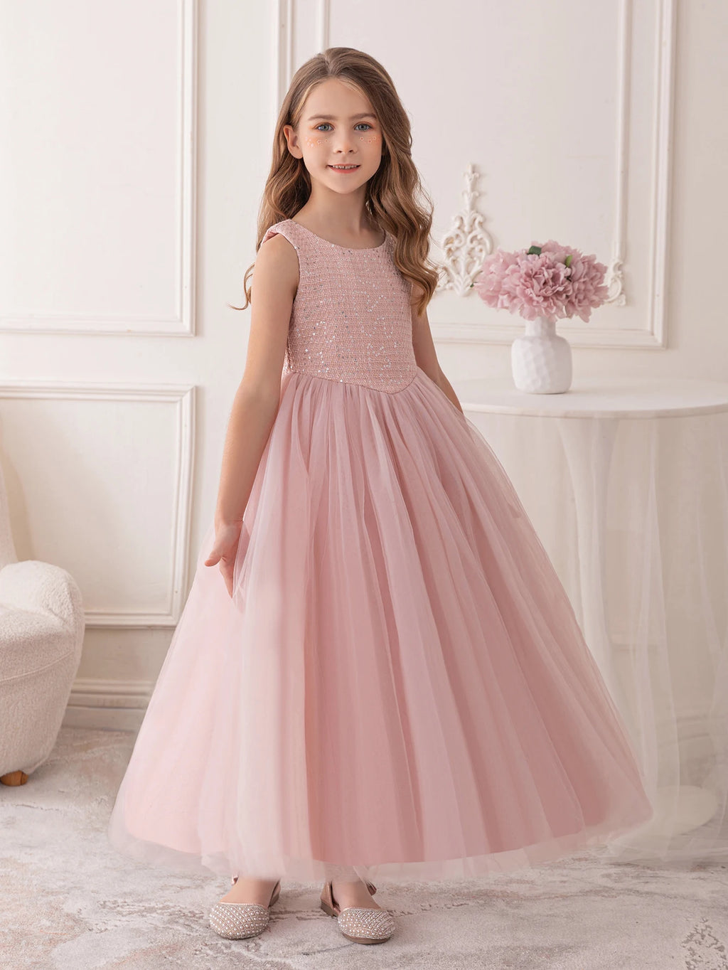 Robe Rose pour Fille, Robe de Demoiselle d'honneur, en Gaze avec Paillettes, Longue Robe de Soirée pour Anniversaire, Robe de Princesse
