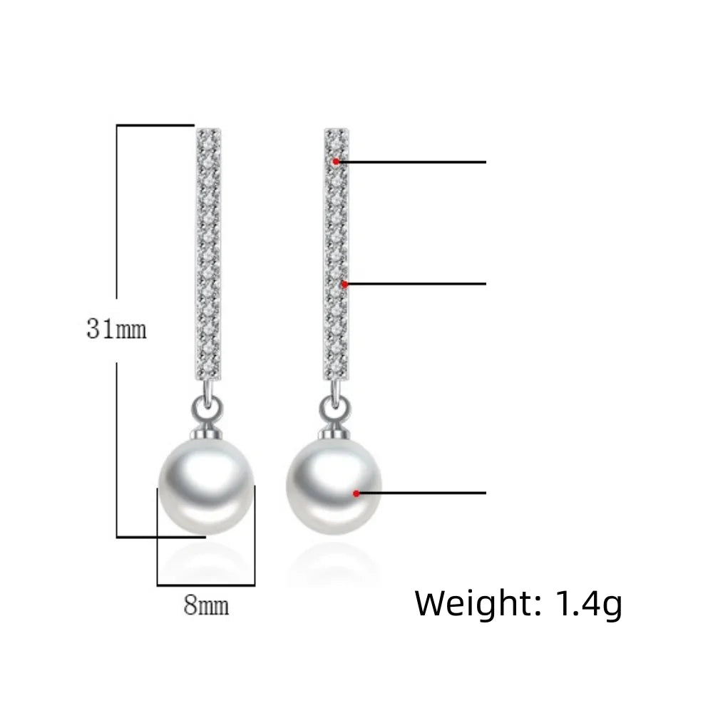 Longues boucles d'oreilles pendantes zircon et perle — Argent sterling 925