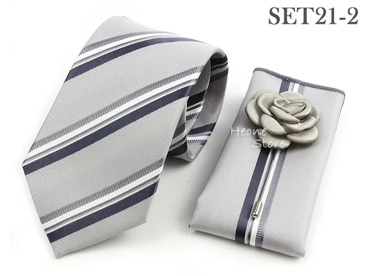 Men's Striped Necktie, Pocket Square & Brooch Set | Groom & Groomsmen Wedding Accessory