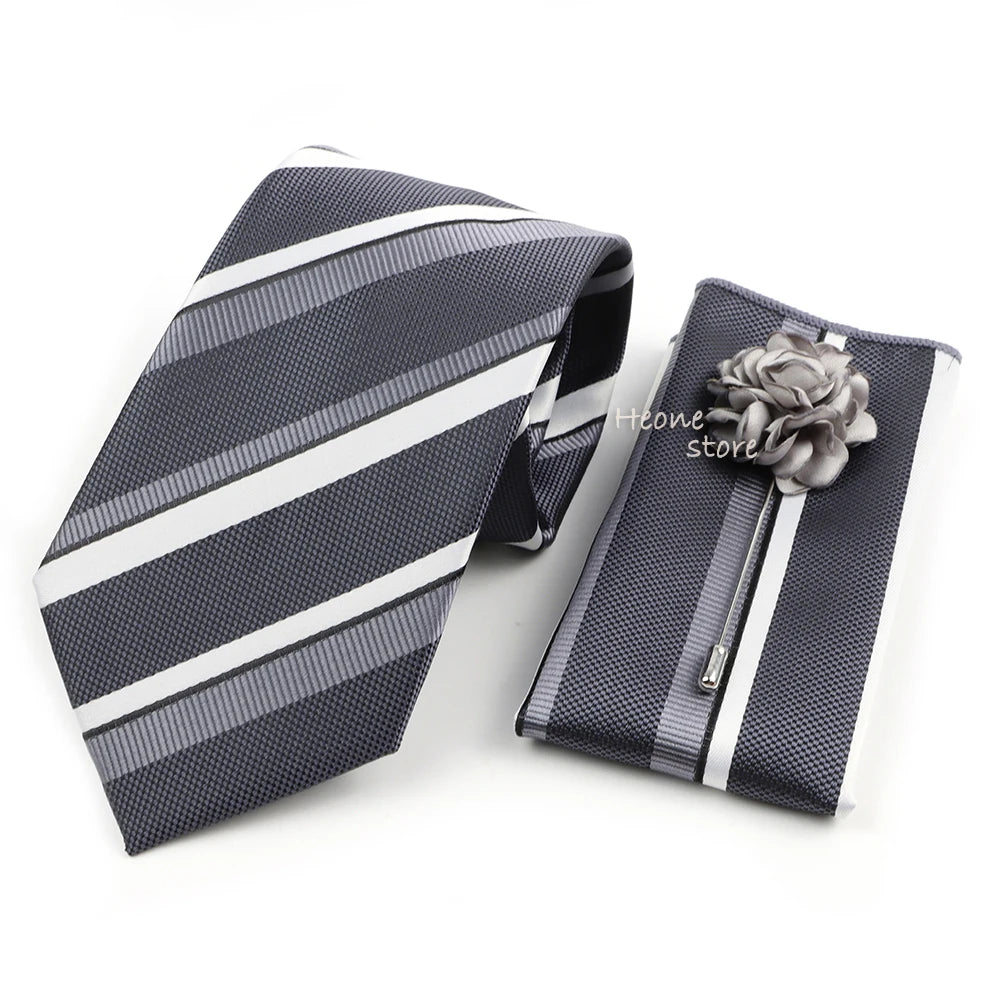 Men's Striped Necktie, Pocket Square & Brooch Set | Groom & Groomsmen Wedding Accessory