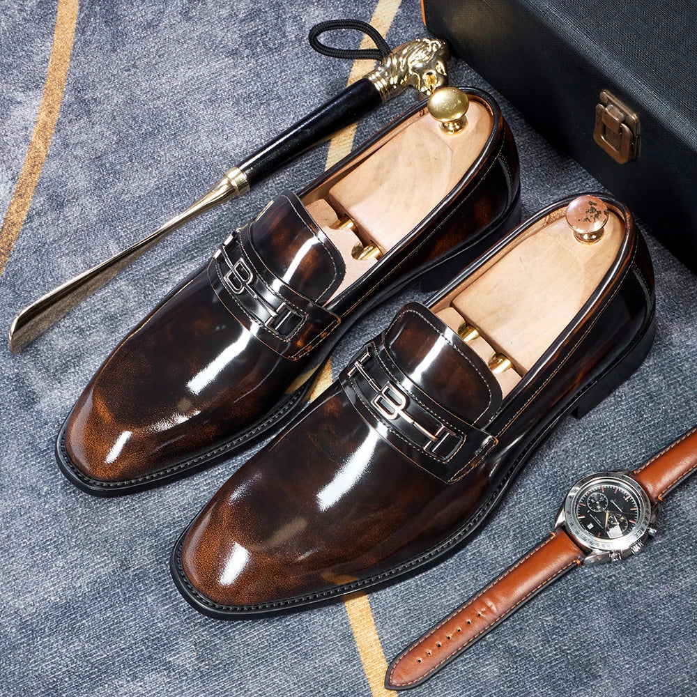 chaussures de ville pour homme en cuir verni, style mocassins marron à bout pointu, idéales pour un mariage, chaussures de marque, mocassins d'été tendance, chaussures à la mode