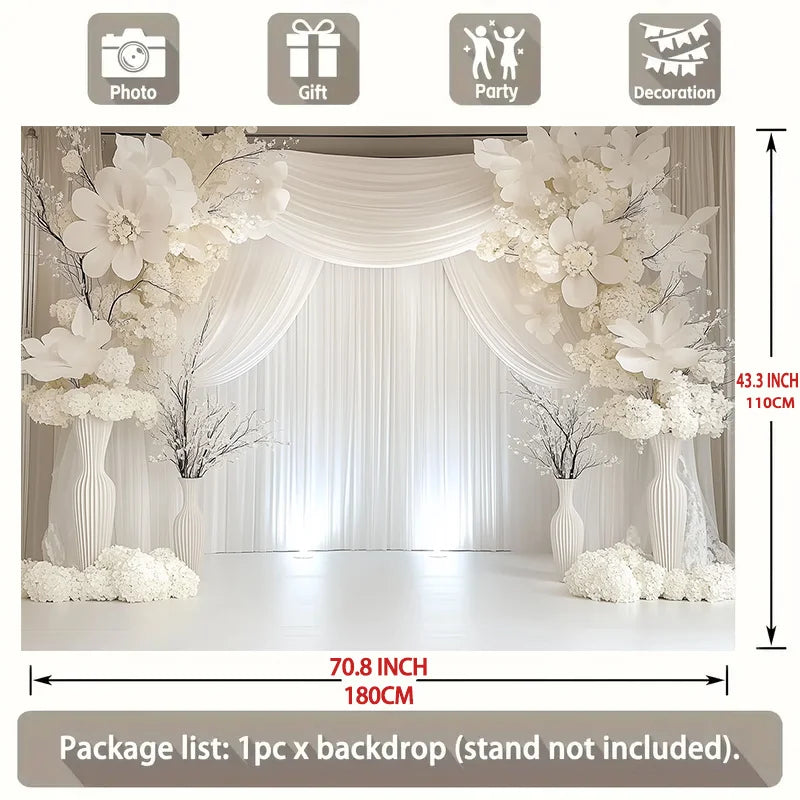 Elegant White Floral Wedding Backdrop Banner with Curtains