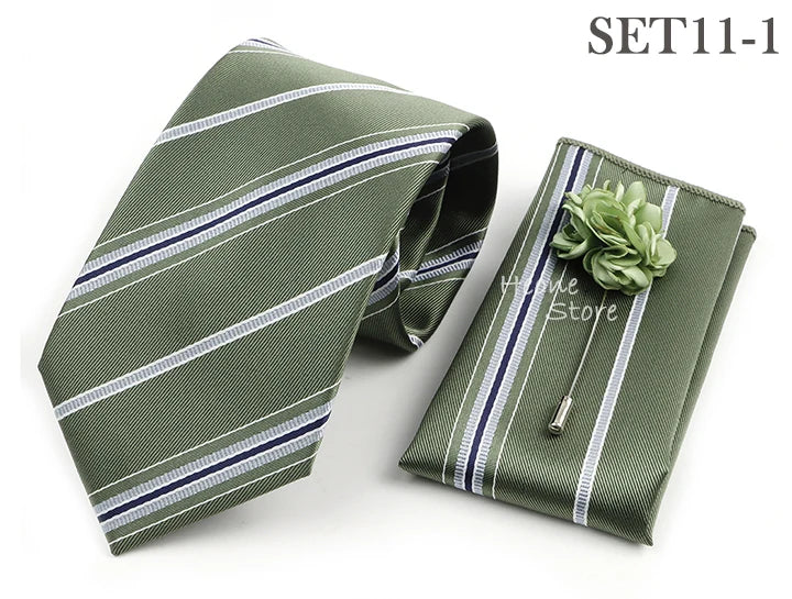 Men's Striped Necktie, Pocket Square & Brooch Set | Groom & Groomsmen Wedding Accessory