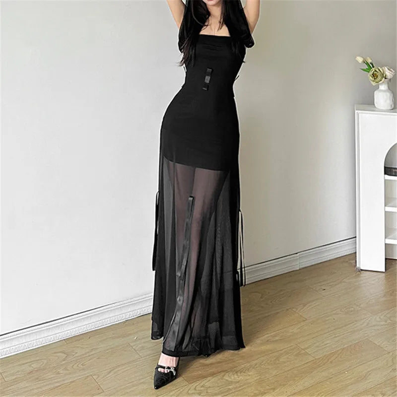 Goth Dark Fairycore Diverse Dressing Styles Partywear Sexy Strapless Hooded Long Dress Gothic Cute Bow Mesh Slim Bodycon Dresses