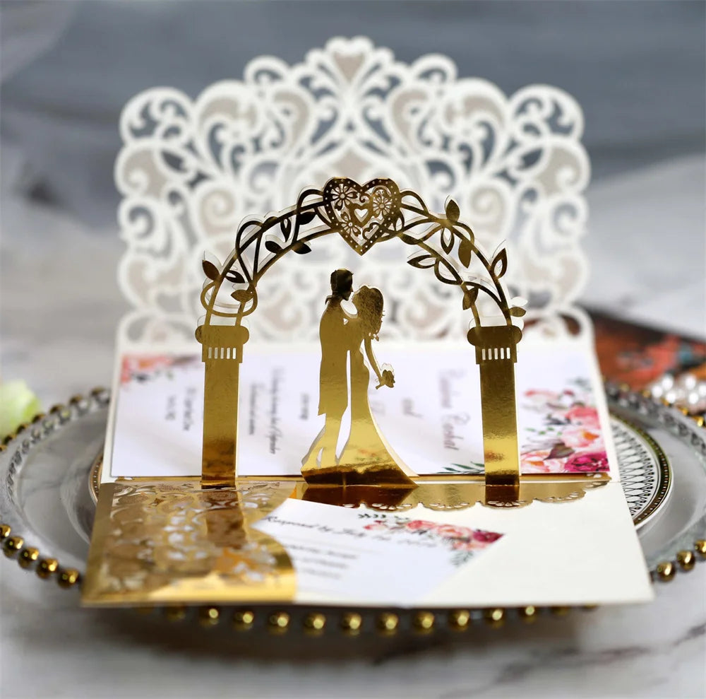 6 Pièces/Lot 3D Pop Up Mariés Ivoire Carte d'invitation de mariage Laser Poche Florale Douche nuptiale Invitations de fiançailles