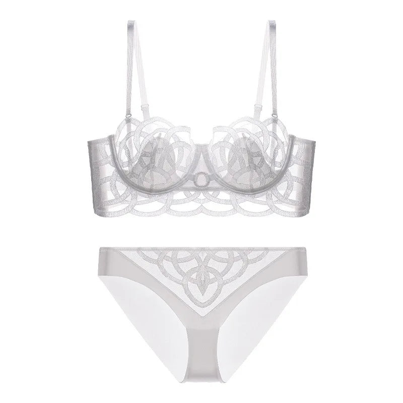 CINOON Lingerie sexy brodée pour femme Ensemble soutien-gorge push-up en dentelle fine et transparente + porte-jarretelles + string, ensemble de 3 pièces de lingerie française