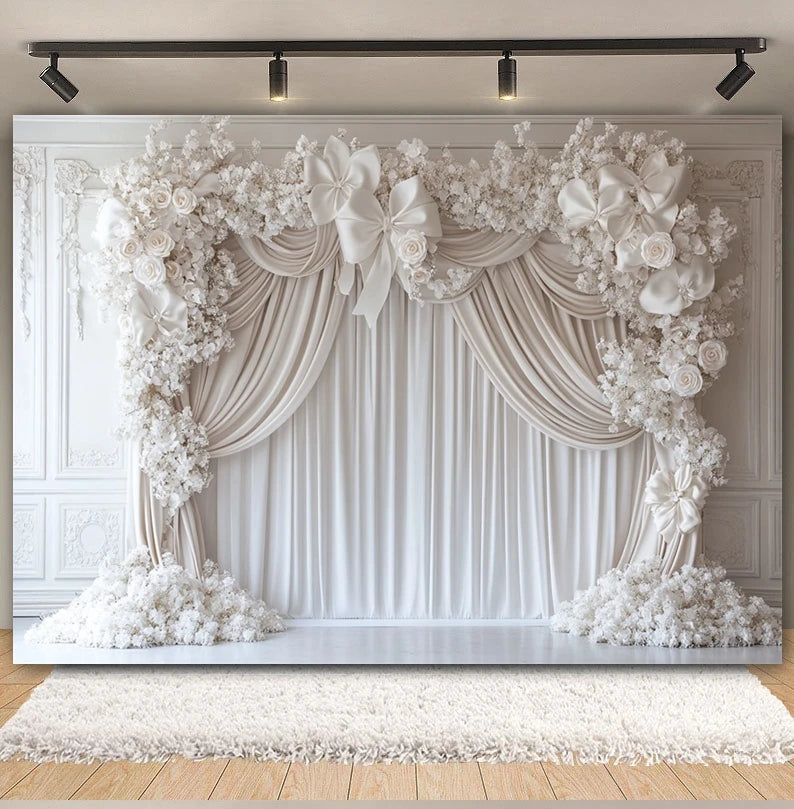 Toile de fond de fête pour photographie, motif mariage, fleur rose, palais, mur blanc, pour fête prénuptiale, décor de portrait de mariage, arrière-plan photo