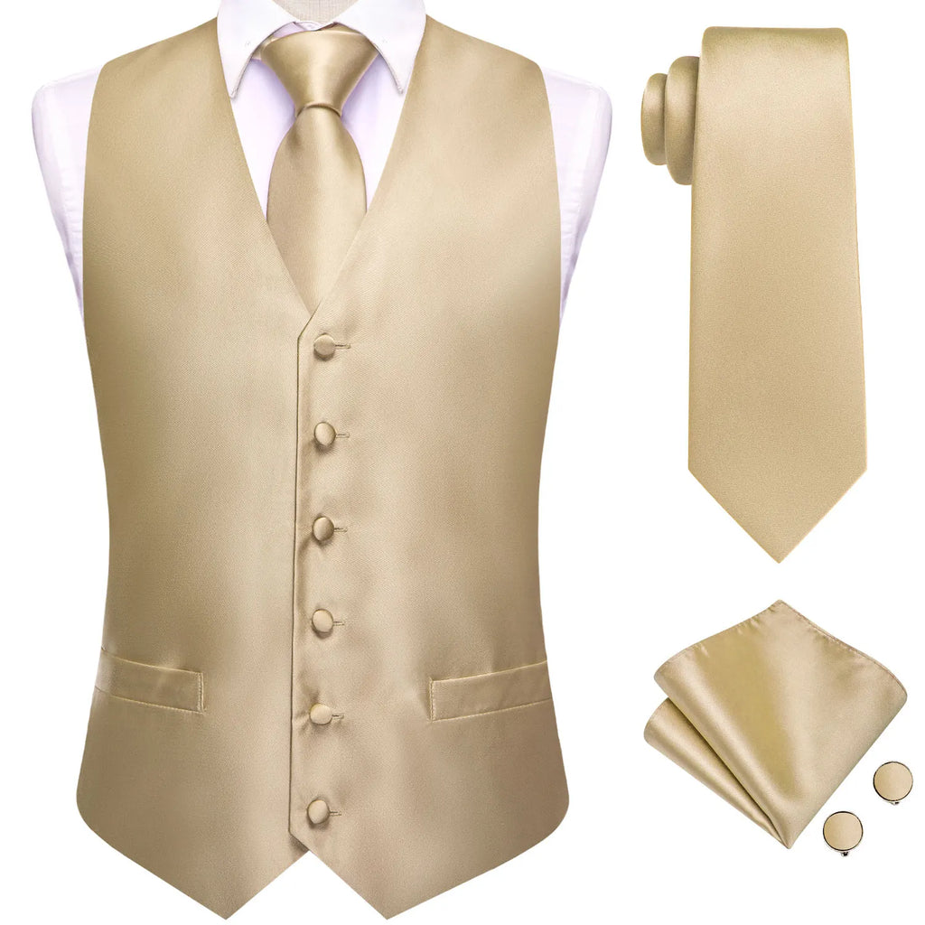 Gilets de costume en soie Hi-Tie pour homme, 4 pièces, tissés, vert sauge uni, gilet, cravate, pochette, boutons de manchette, pour affaires, mariage, robe, veste de taille