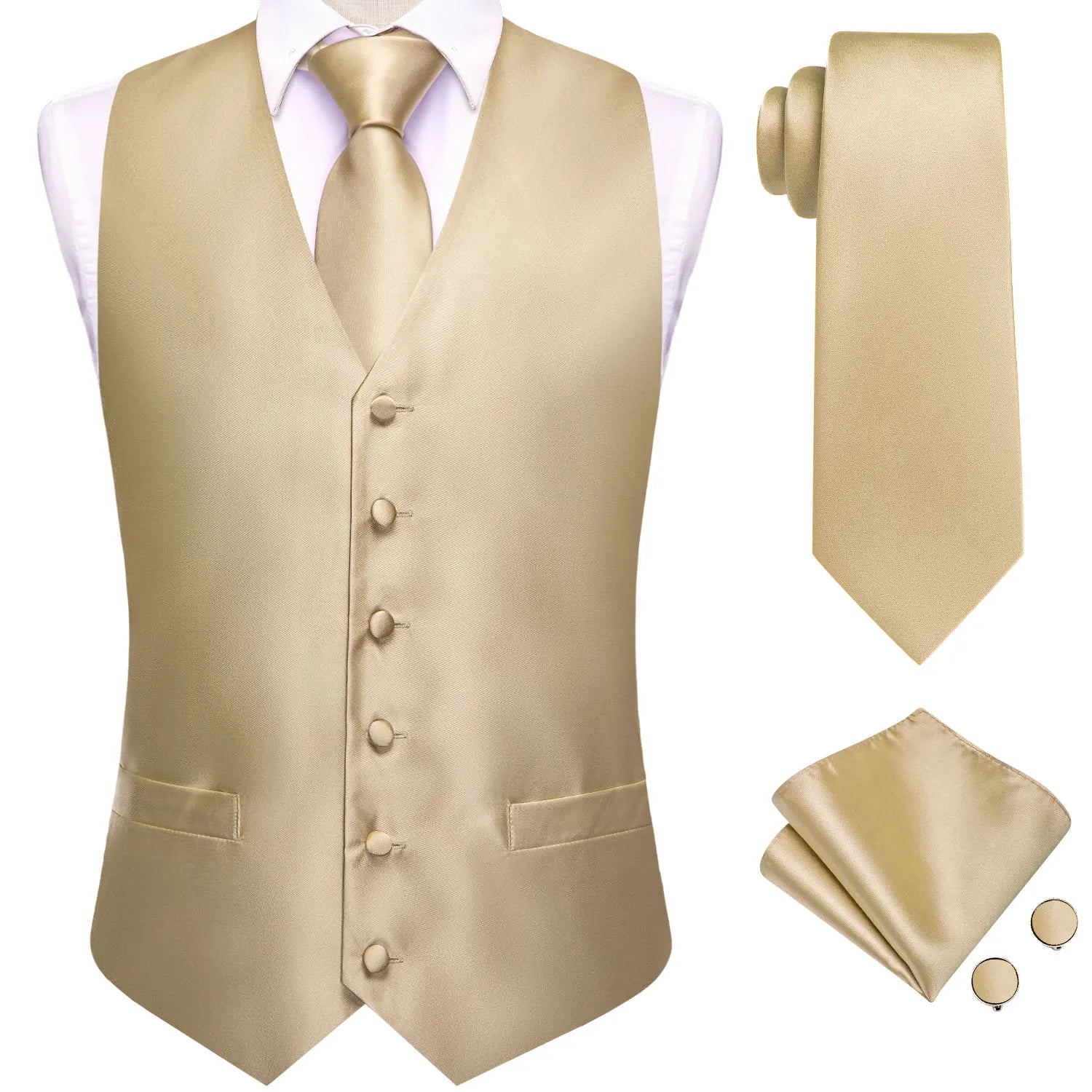 Gilets de costume en soie Hi-Tie pour homme, 4 pièces, tissés, vert sauge uni, gilet, cravate, pochette, boutons de manchette, pour affaires, mariage, robe, veste de taille
