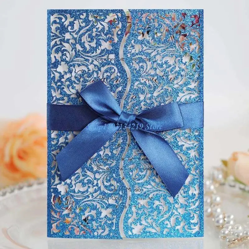 20 cartes d'invitation à paillettes creuses avec enveloppes et ruban pour mariage, Saint-Valentin, fête prénuptiale, fournitures de fête