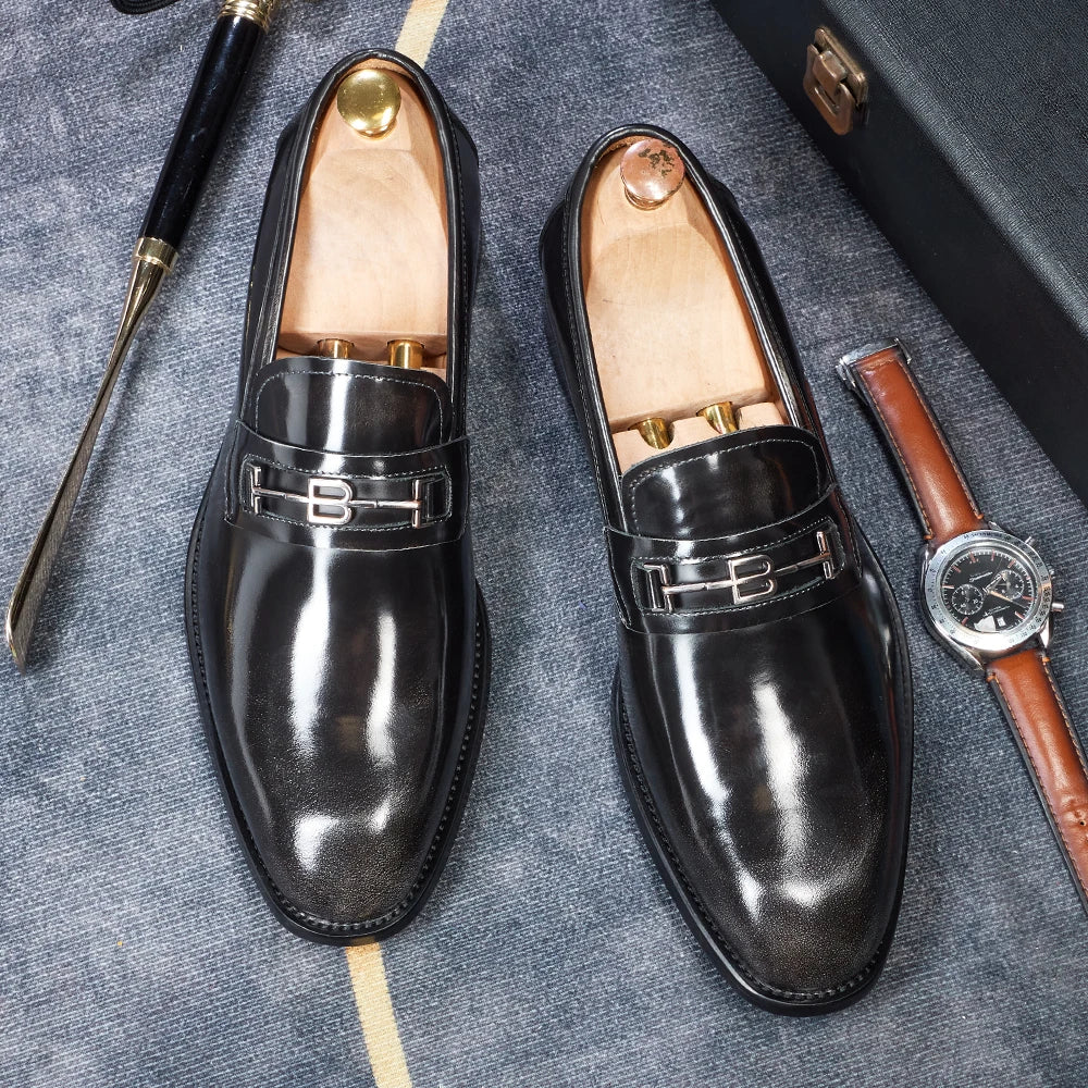 chaussures de ville pour homme en cuir verni, style mocassins marron à bout pointu, idéales pour un mariage, chaussures de marque, mocassins d'été tendance, chaussures à la mode