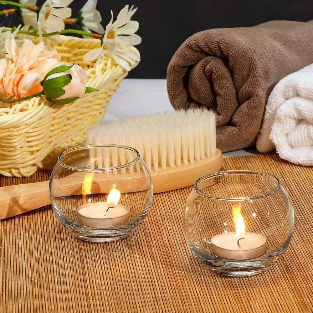 6Pcs Round Votive Candle Holders Glass Tealight Candle Holder Cup with LED Candles for Valentine's Day, Birthday Wedding Decor