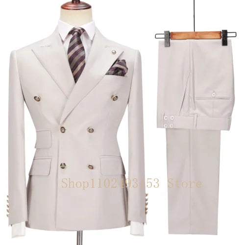 Costumes de Mariage Blancs pour Hommes 2023 2 Pièces Double Boutonnage Coupe Slim Vêtements de Marié Formels d'Affaires (Veste+Pantalon) Costume Homme