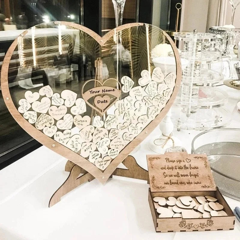 Wedding Guest Book Wooden Sweet Heart-shaped Wedding Guest Book Engraved Transparent Guestbook Weddings Welcome Card Decoration
