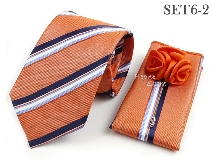 Men's Striped Necktie, Pocket Square & Brooch Set | Groom & Groomsmen Wedding Accessory