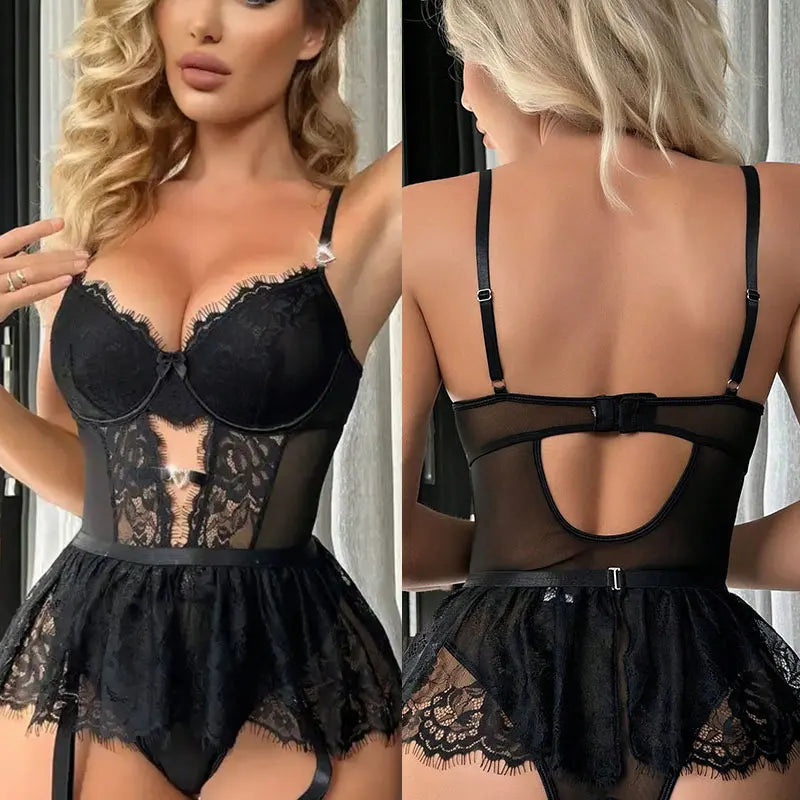Combinaison sexy à col en V en dentelle avec bretelles, combinaison de pyjama transparente moulante pour femme, combinaison coquine, lingerie érotique, combinaison sans dos évidée, body