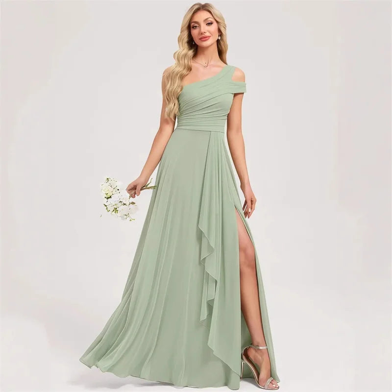 Robe de Demoiselle d'honneur en Mousseline Coupe Droite, Épaule Dénudée, Fendue, Plissée, Élégante pour Mariage, Soirée ou Bal, Dos Lacé