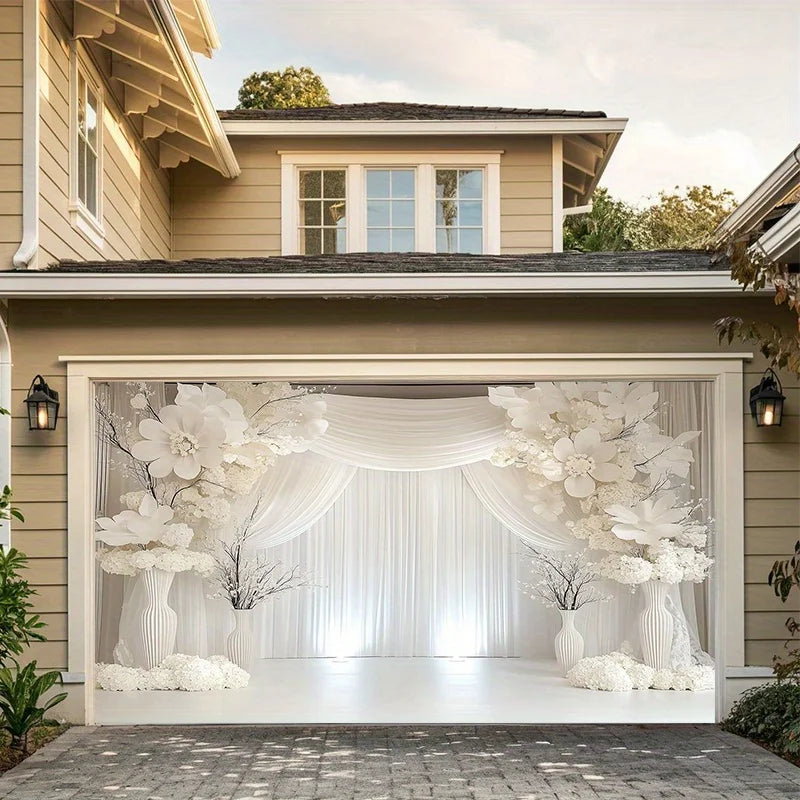 Elegant White Floral Wedding Backdrop Banner with Curtains