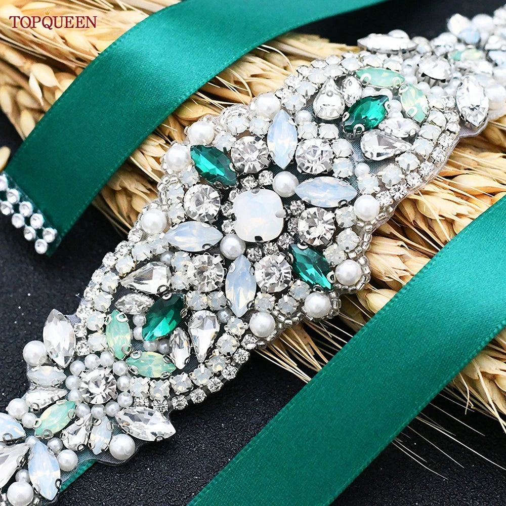 TOPQUEEN Multiple Styles Green Belt With Diamonds Bridal Wedding Accessories Rhinestone Women'S Dresses Evening Girdles S30