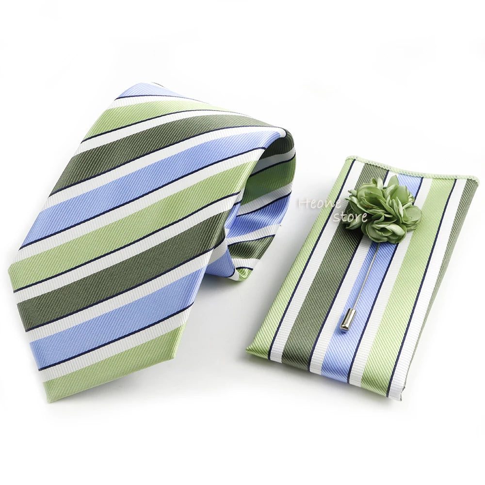 Men's Striped Necktie, Pocket Square & Brooch Set | Groom & Groomsmen Wedding Accessory