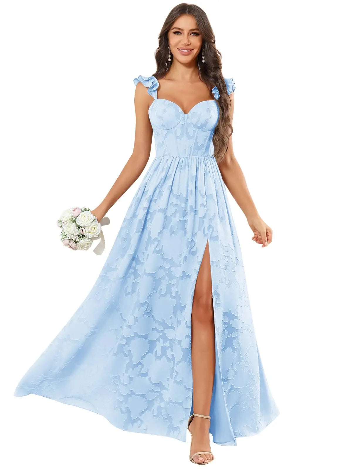 Floral Ruffle Bridesmaid Dress | Sweetheart A-Line Gown with Slit | Wedding Party