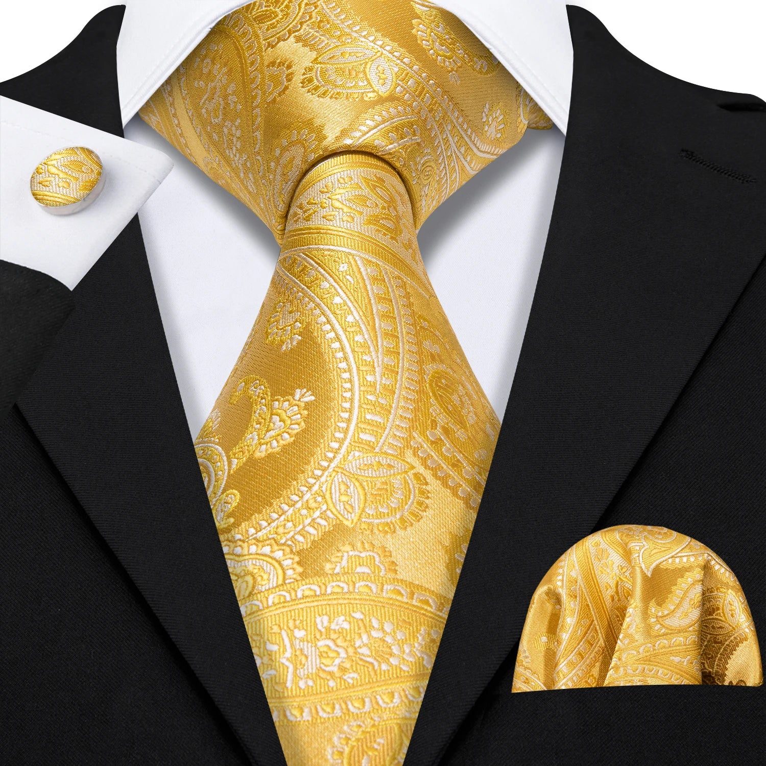 Barry.Wang Cravate Jacquard Or et Jaune pour Homme avec Mouchoir de Poche et Boutons de Manchette, Cravate Exquise pour Mariage et Affaires
