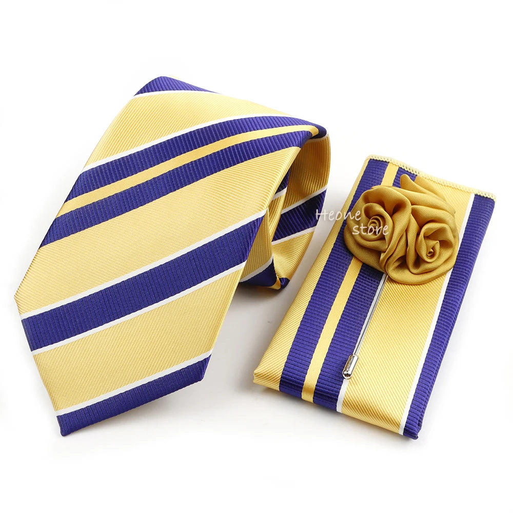 Men's Striped Necktie, Pocket Square & Brooch Set | Groom & Groomsmen Wedding Accessory