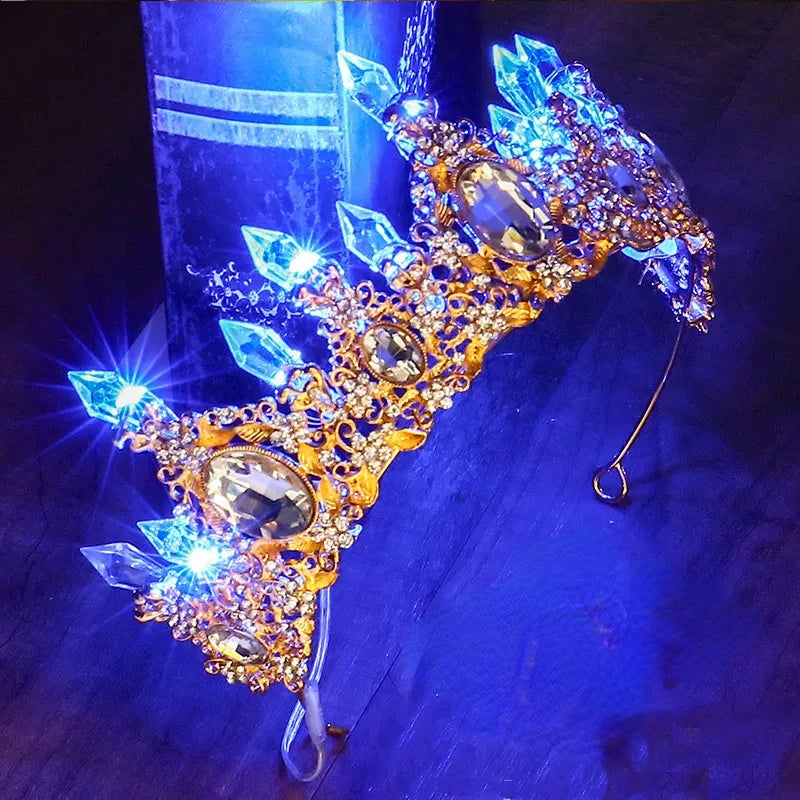 Accessoires de Cheveux de Mariée Lumineux Alliage Cristal Fête LED Lumineux Couronne Strass Diadème Fleur Reine Mariage Festival