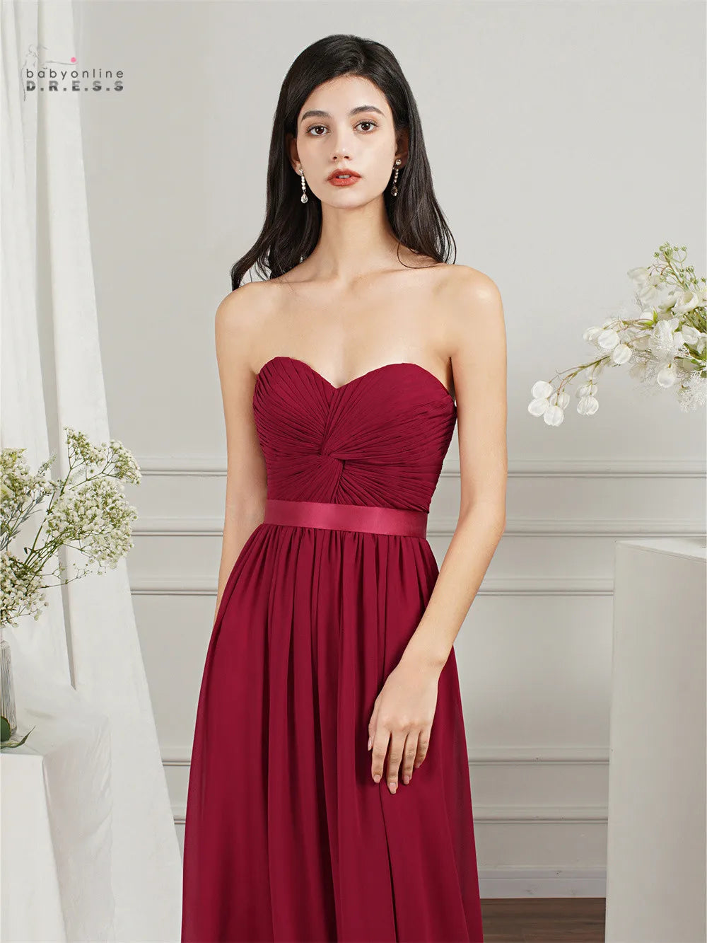 BABYONLINE Robes de demoiselle d'honneur pour fête de mariage élégantes bordeaux plissées en mousseline de soie coupe trapèze longues robes de soirée formelles de bal