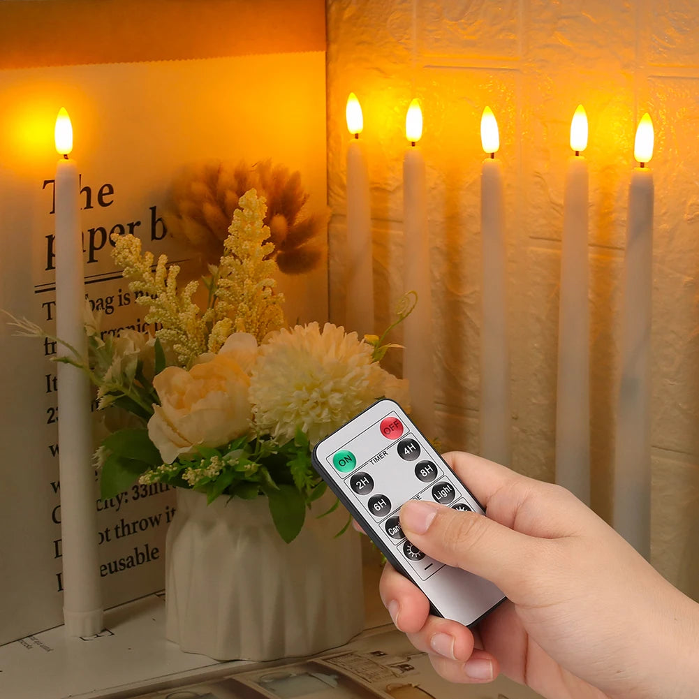 6/12 Bougies Coniques LED Sans Flamme Ivoire Vacillantes avec Télécommande Mèche 3D à Piles Bougie de Fenêtre de Noël Décor de Mariage