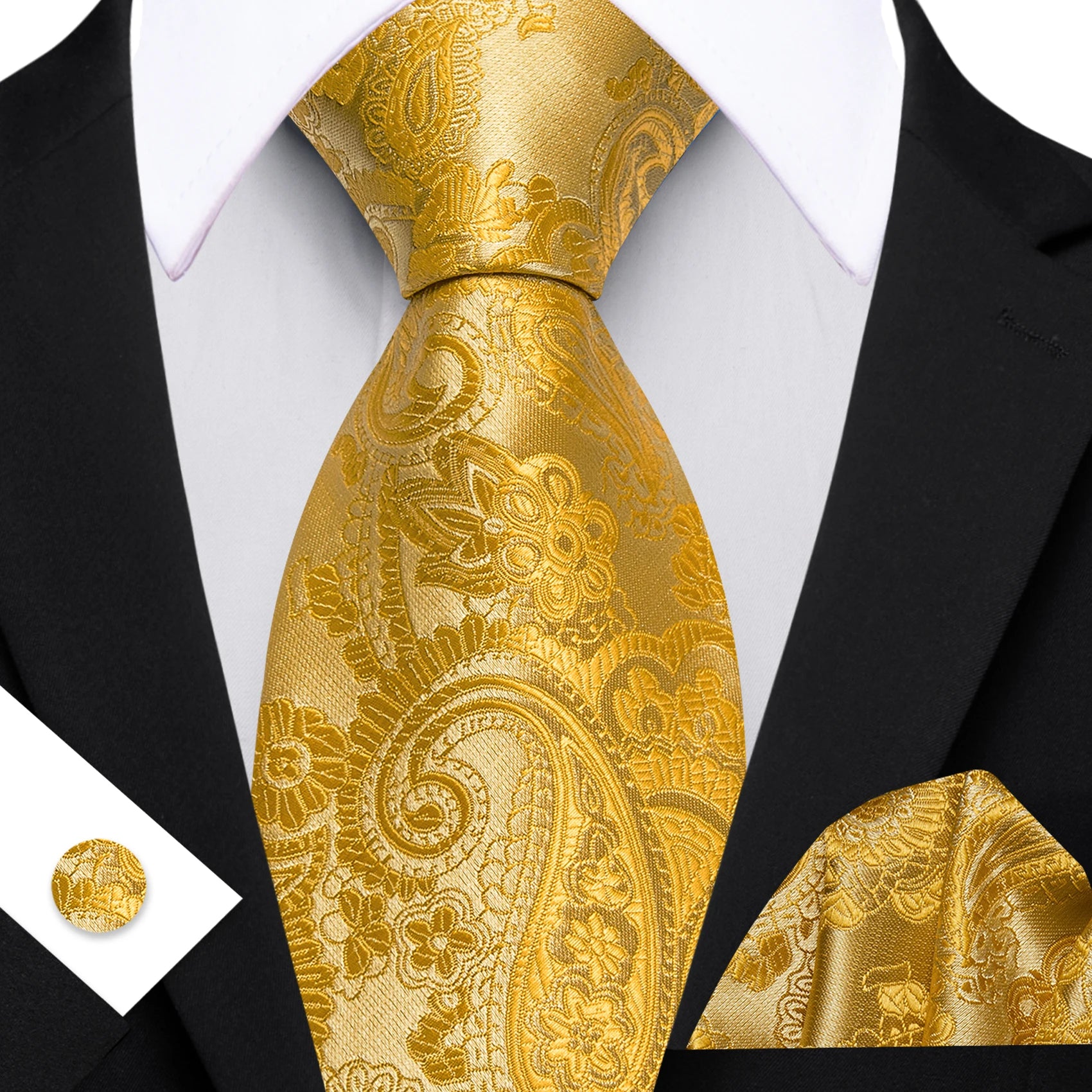 Barry.Wang Cravate Jacquard Or et Jaune pour Homme avec Mouchoir de Poche et Boutons de Manchette, Cravate Exquise pour Mariage et Affaires