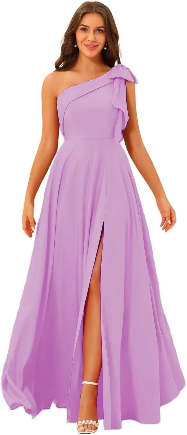 Robe de demoiselle d'honneur élégante en satin à nœud et à épaule dénudée, coupe trapèze fendue, dos nu, couleur unie, simple, pour invités, robe de bal, laçage, robe de soirée de mariage
