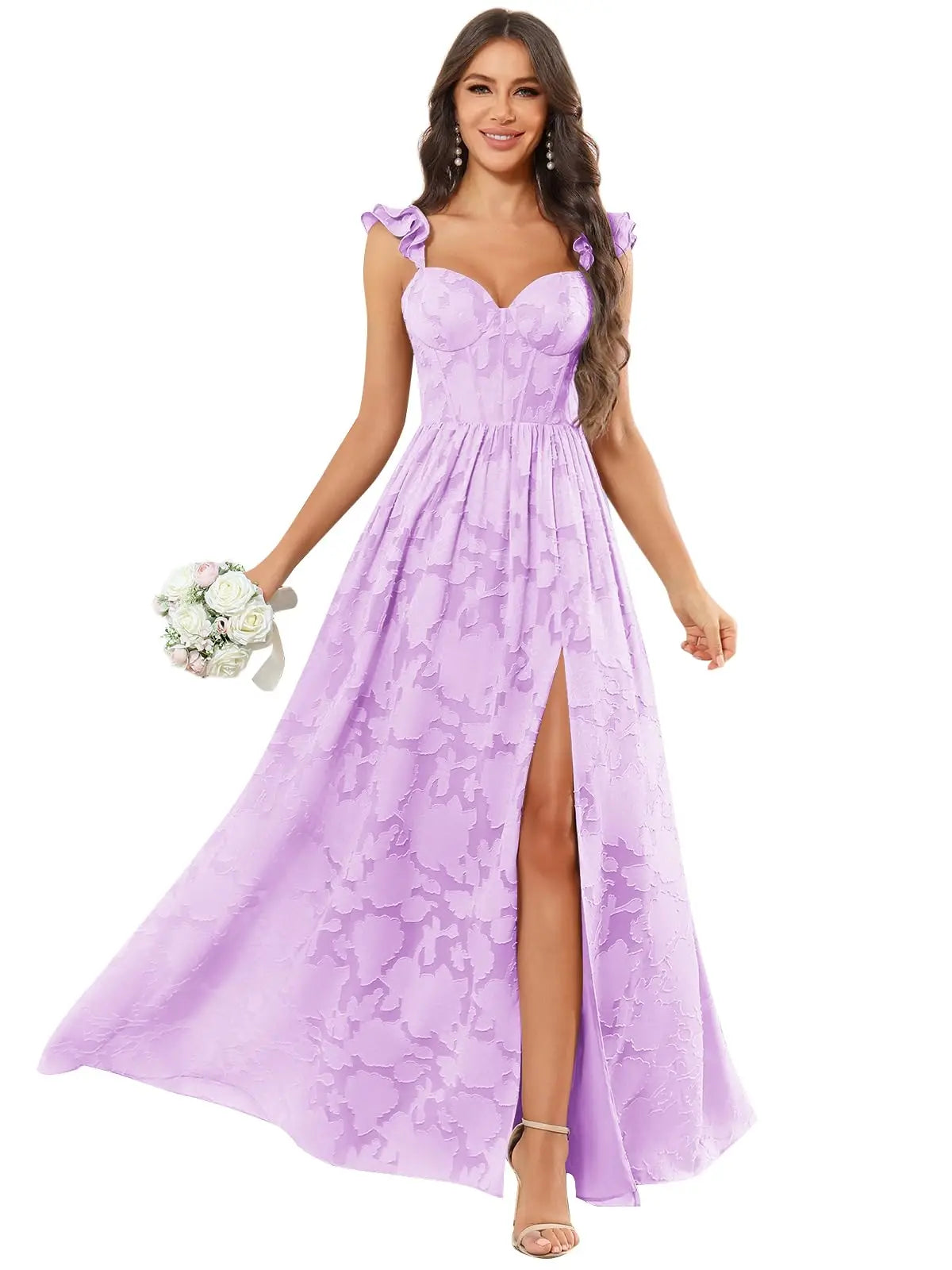 Floral Ruffle Bridesmaid Dress | Sweetheart A-Line Gown with Slit | Wedding Party