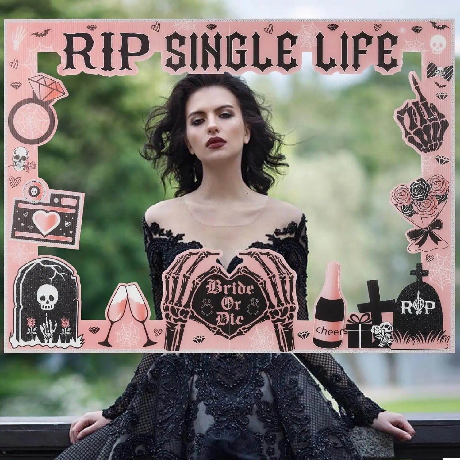 Rose Gold Rip Single Life Bachelorette Party Decor Photo Booth Prop Frame for Gothic Bride Or Die Engagement Bridal Shower Party