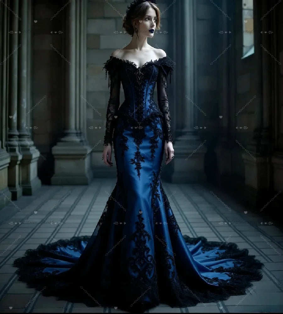 Gothic Midnight Blue Mermaid Wedding Dress With Black Lace Enchanting Long Sleeve Victorian Beach Bridal Gowns 2026 Colored