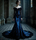Gothic Midnight Blue Mermaid Wedding Dress With Black Lace Enchanting Long Sleeve Victorian Beach Bridal Gowns 2026 Colored